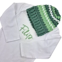 Alternative view of Darilni set za dojenčka - bodi z imenom in črtasta zelena kapa