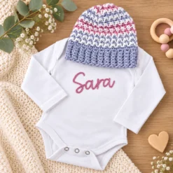 Bombažni personaliziran darilni set za dojenčka z bodijem in kapico
