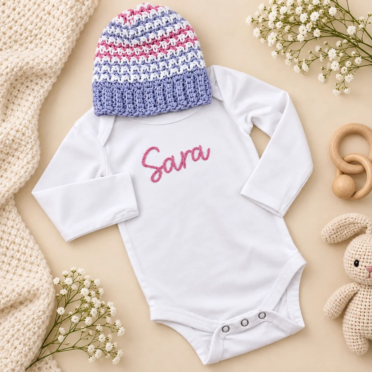 Bombažni personaliziran darilni set za dojenčka z bodijem in kapico