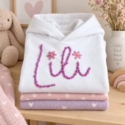 Zložen bel personaliziran otroški pulover z ročno vezenim imenom Lili in rožicami