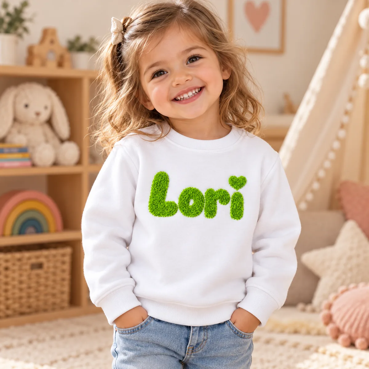 Drilo za otroka personaliziran pulover bel in zelene črke