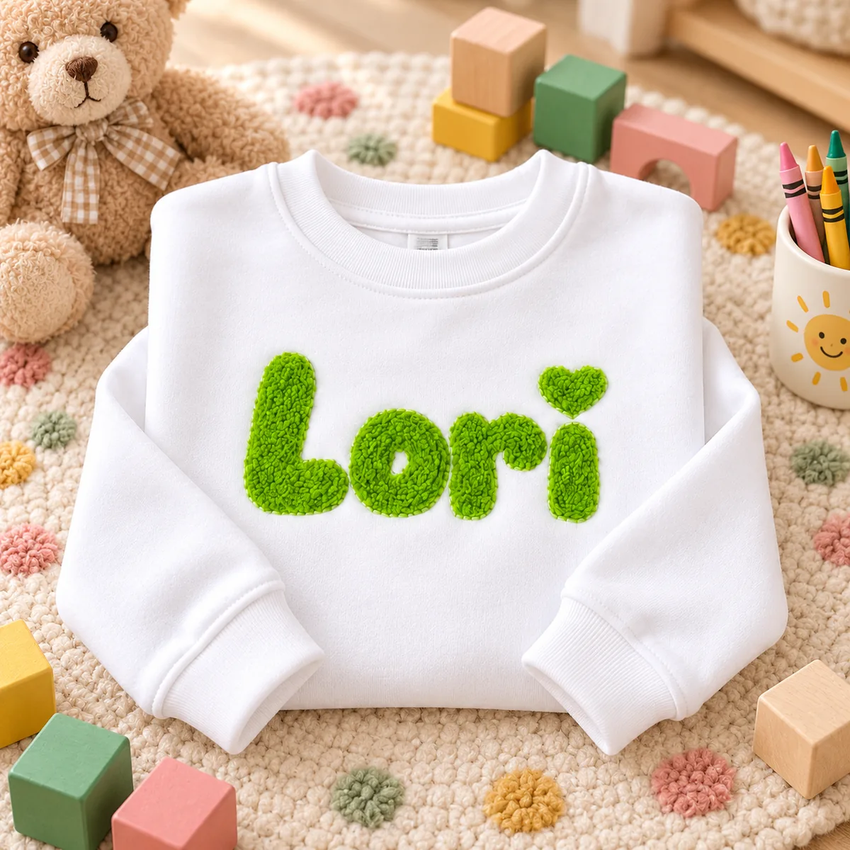 Drilo za otroka personaliziran pulover bel in zelene črke